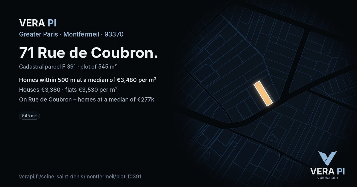71 Rue de Coubron, Montfermeil at night – the plot lit, the parcels around coloured by the prices near them