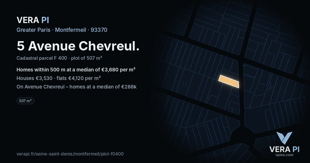 5 Avenue Chevreul, Montfermeil at night – the plot lit, the parcels around coloured by the prices near them
