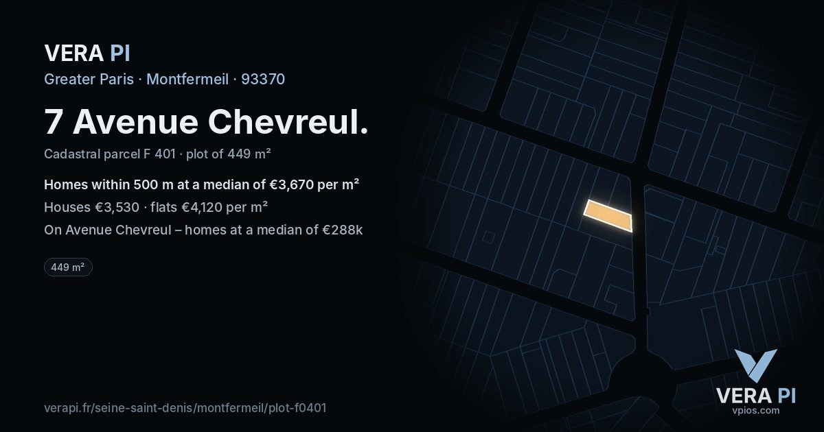 7 Avenue Chevreul, Montfermeil at night – the plot lit, the parcels around coloured by the prices near them