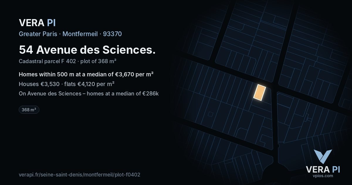 54 Avenue des Sciences, Montfermeil at night – the plot lit, the parcels around coloured by the prices near them