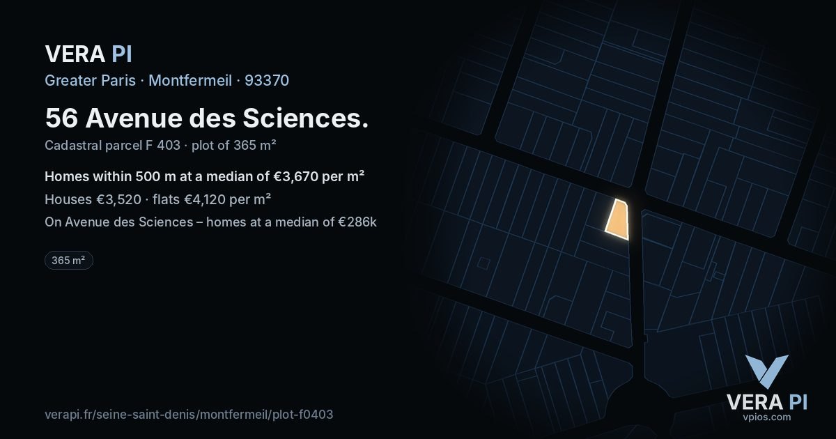 56 Avenue des Sciences, Montfermeil at night – the plot lit, the parcels around coloured by the prices near them