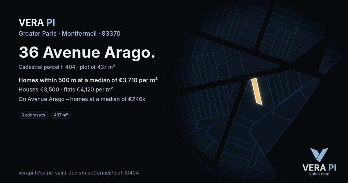 36 Avenue Arago, Montfermeil at night – the plot lit, the parcels around coloured by the prices near them