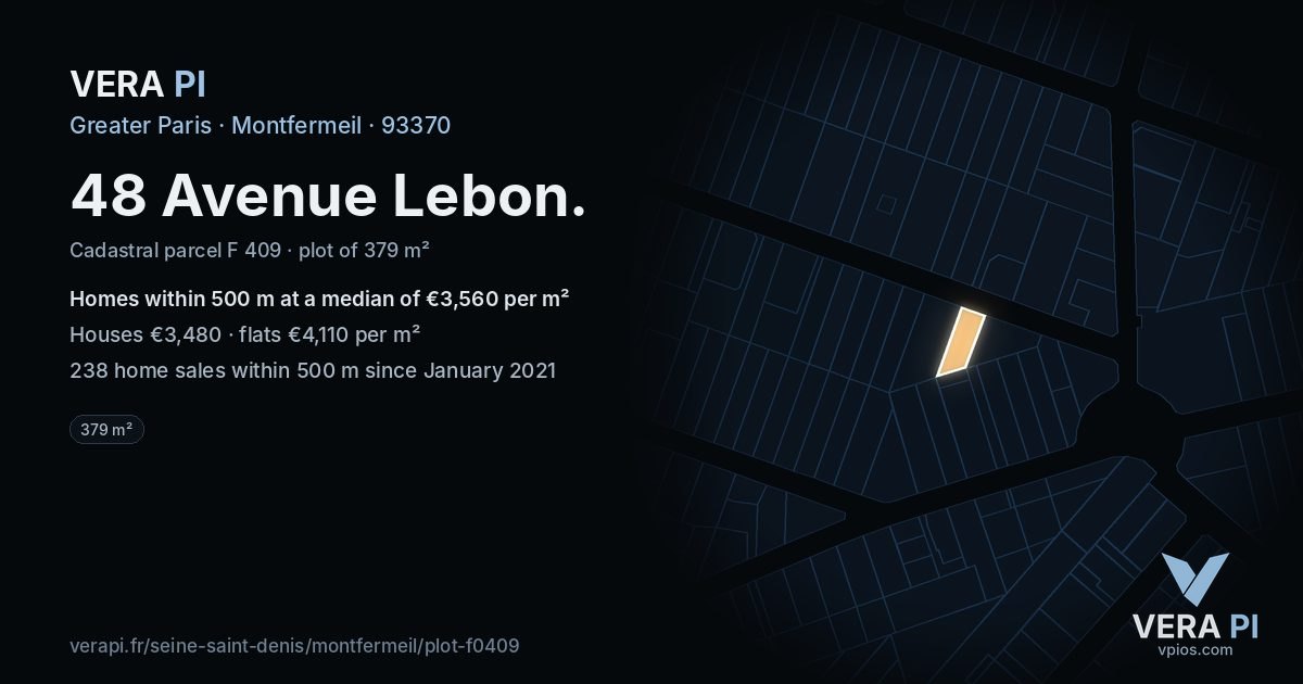 48 Avenue Lebon, Montfermeil at night – the plot lit, the parcels around coloured by the prices near them