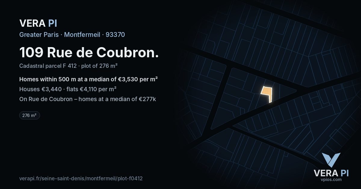 109 Rue de Coubron, Montfermeil at night – the plot lit, the parcels around coloured by the prices near them