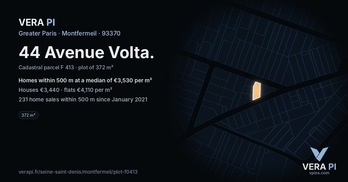 44 Avenue Volta, Montfermeil at night – the plot lit, the parcels around coloured by the prices near them