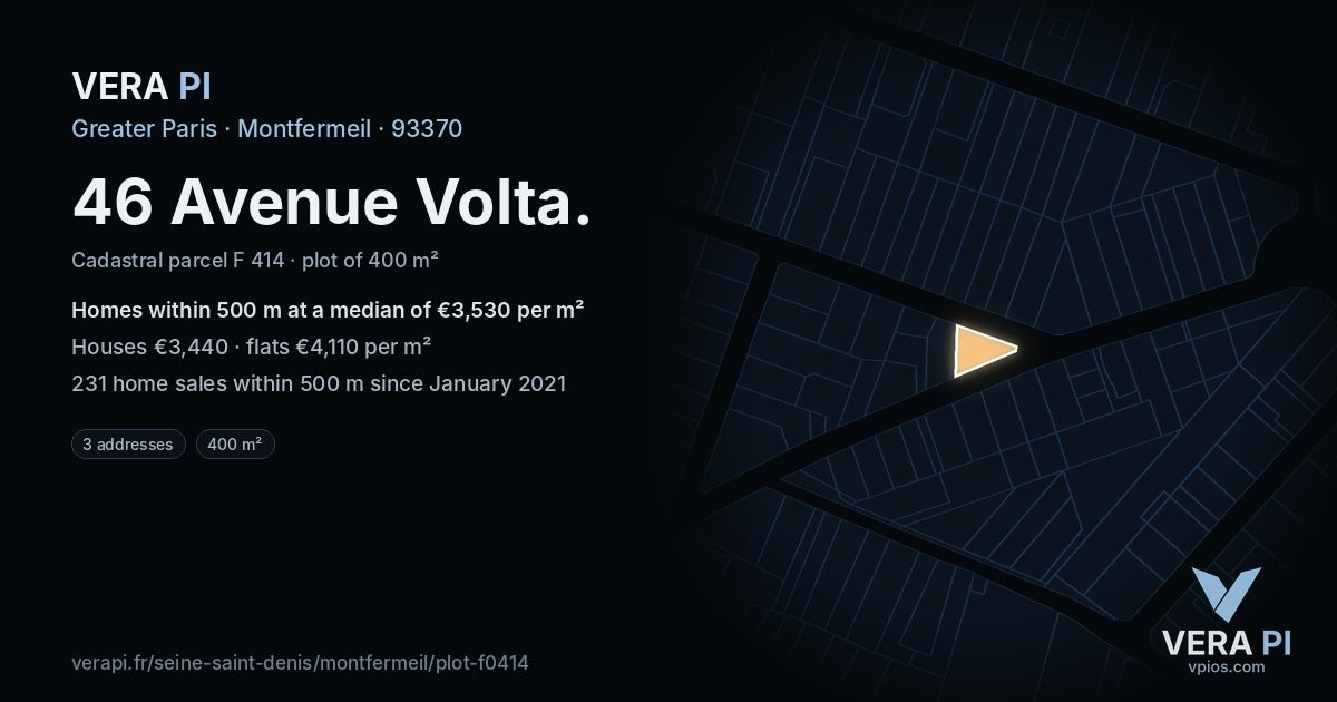 46 Avenue Volta, Montfermeil at night – the plot lit, the parcels around coloured by the prices near them