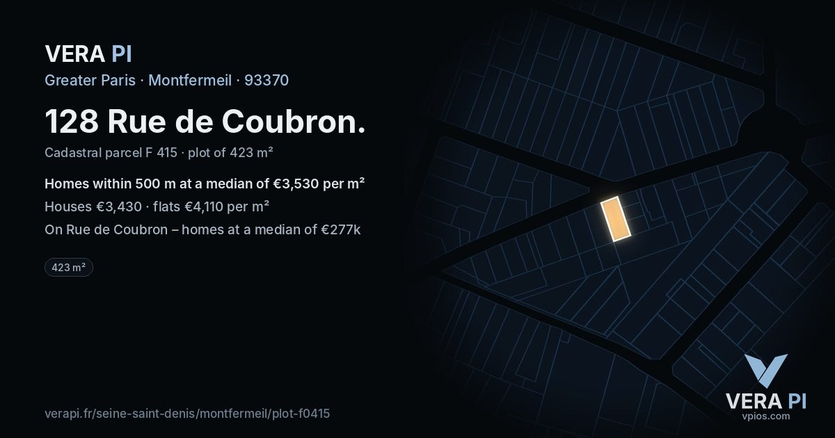128 Rue de Coubron, Montfermeil at night – the plot lit, the parcels around coloured by the prices near them
