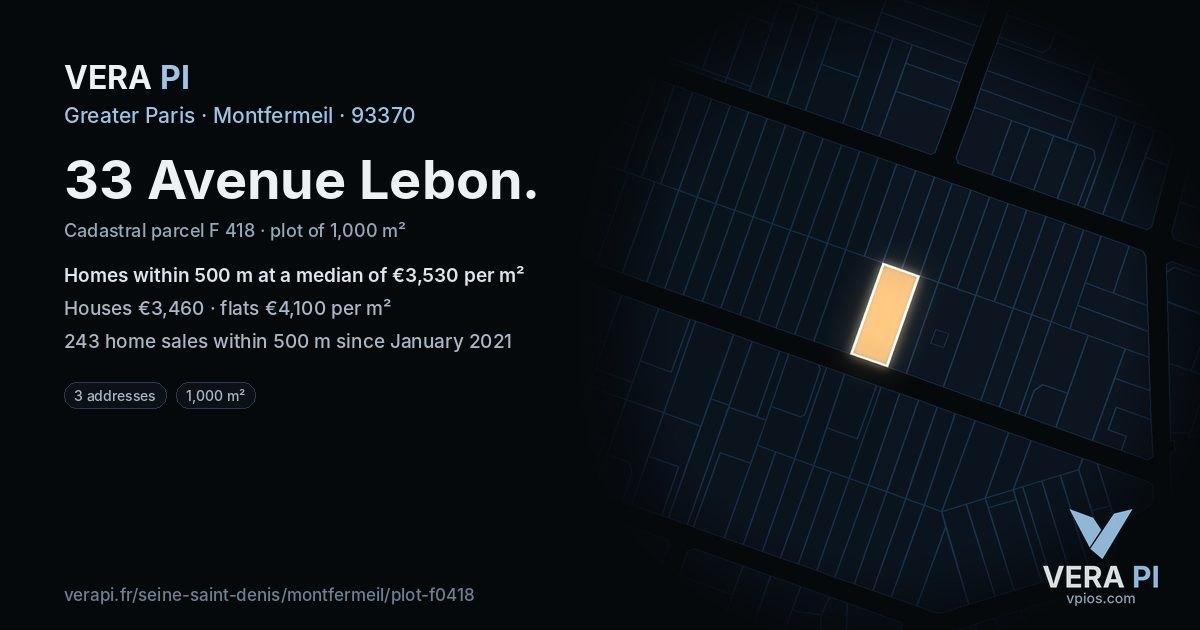 33 Avenue Lebon, Montfermeil at night – the plot lit, the parcels around coloured by the prices near them