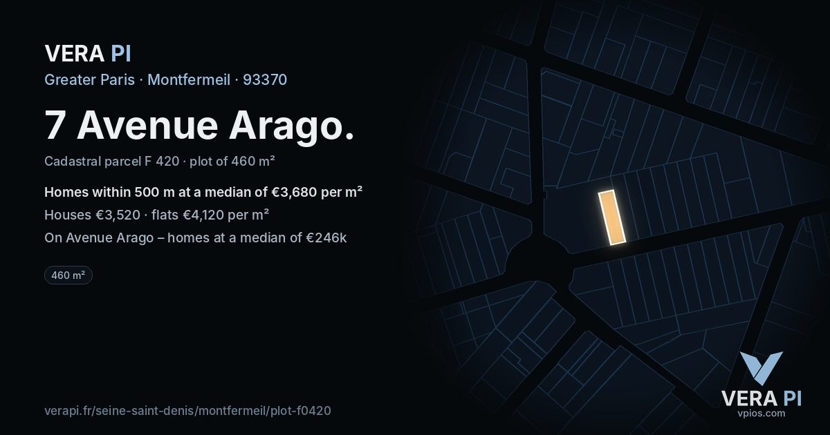7 Avenue Arago, Montfermeil at night – the plot lit, the parcels around coloured by the prices near them