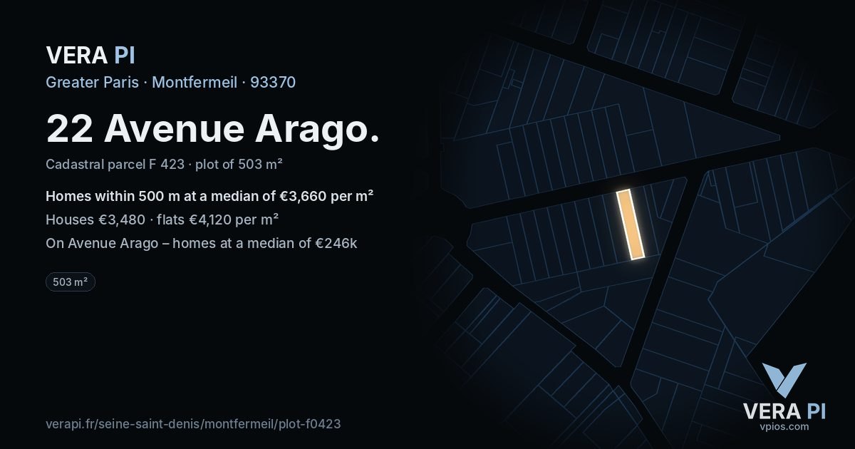 22 Avenue Arago, Montfermeil at night – the plot lit, the parcels around coloured by the prices near them