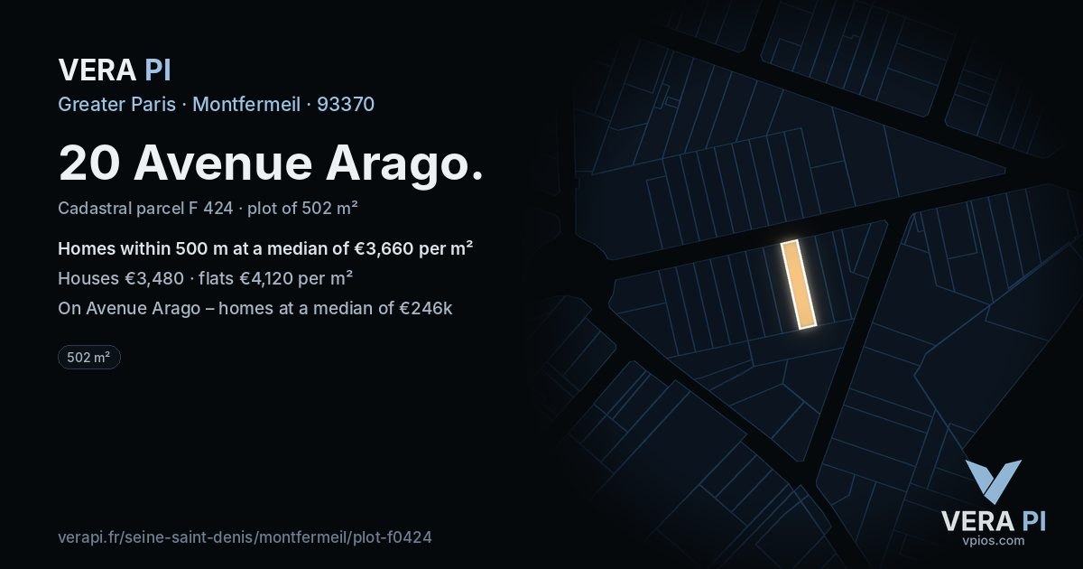 20 Avenue Arago, Montfermeil at night – the plot lit, the parcels around coloured by the prices near them