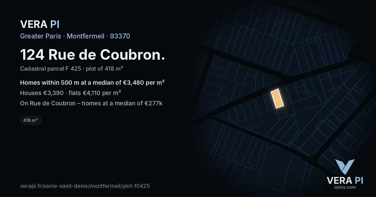 124 Rue de Coubron, Montfermeil at night – the plot lit, the parcels around coloured by the prices near them