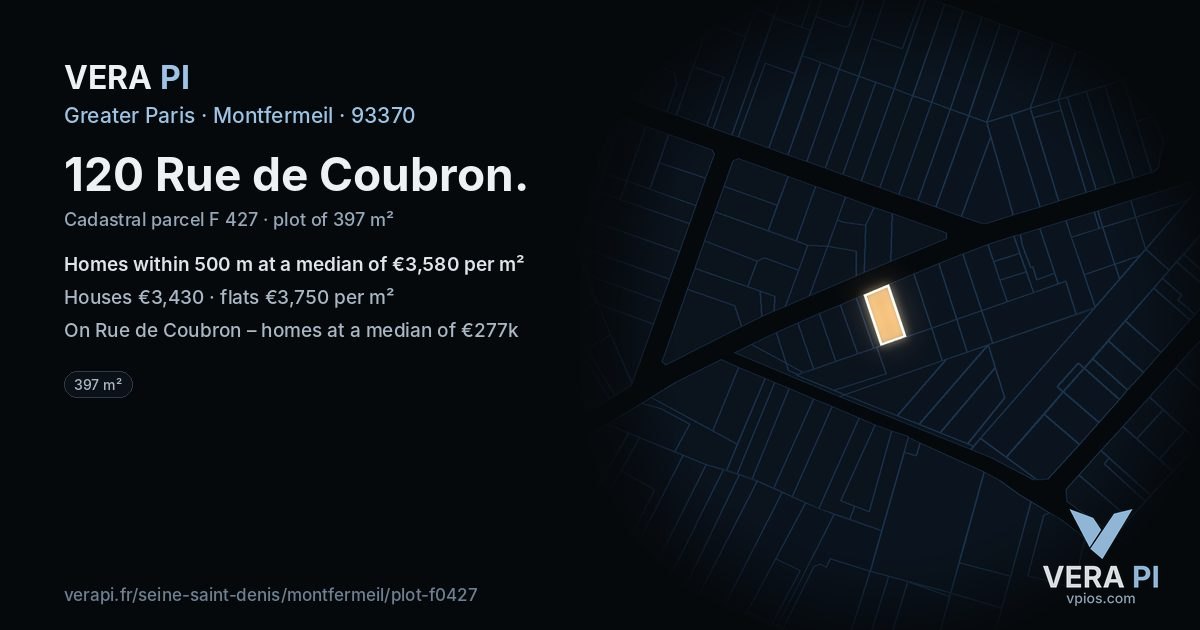 120 Rue de Coubron, Montfermeil at night – the plot lit, the parcels around coloured by the prices near them