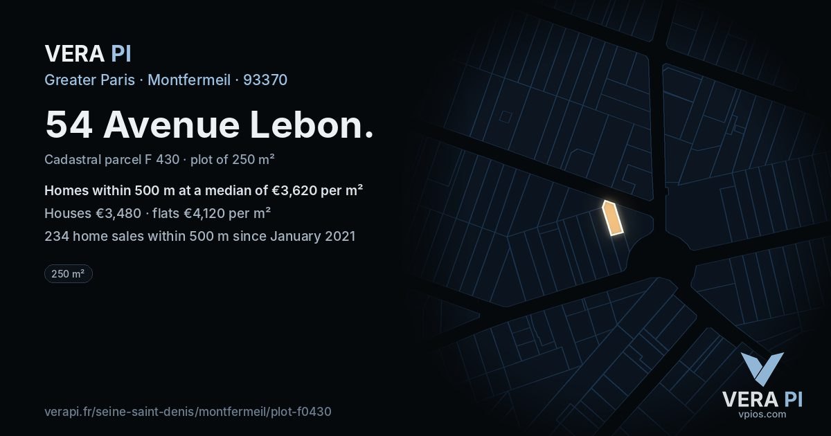 54 Avenue Lebon, Montfermeil at night – the plot lit, the parcels around coloured by the prices near them