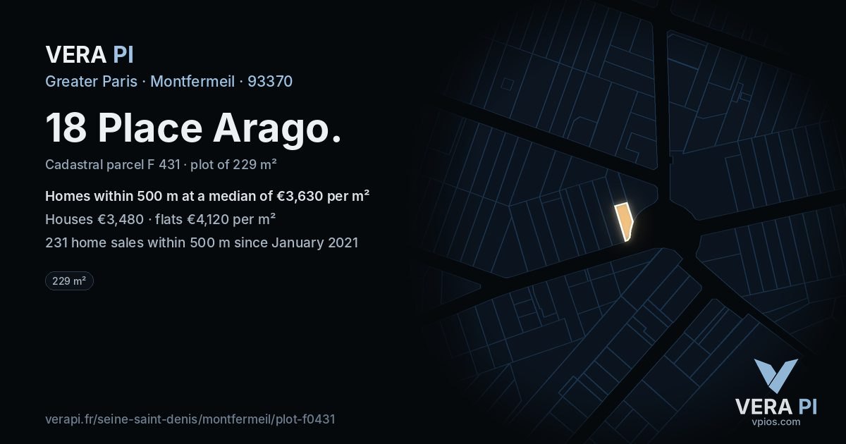 18 Place Arago, Montfermeil at night – the plot lit, the parcels around coloured by the prices near them