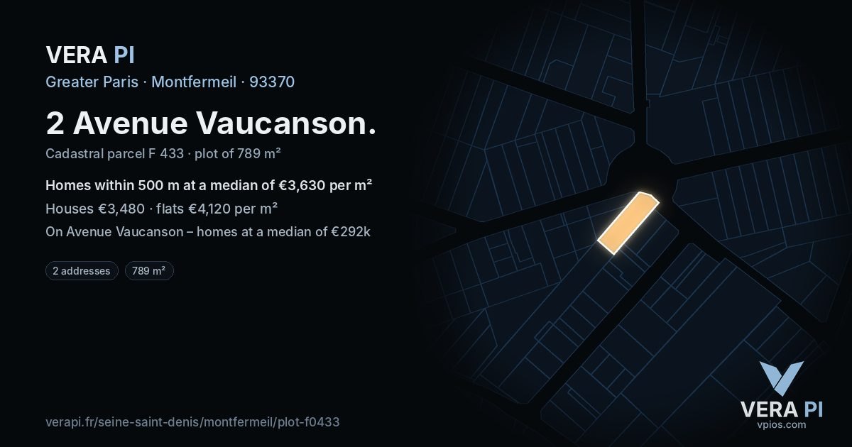 2 Avenue Vaucanson, Montfermeil at night – the plot lit, the parcels around coloured by the prices near them