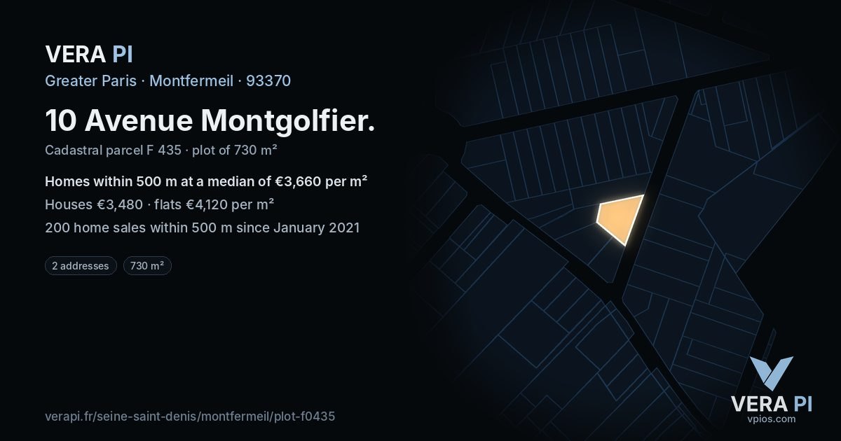10 Avenue Montgolfier, Montfermeil at night – the plot lit, the parcels around coloured by the prices near them