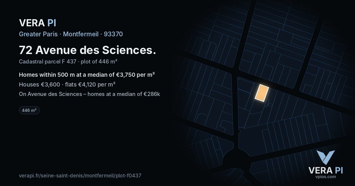 72 Avenue des Sciences, Montfermeil at night – the plot lit, the parcels around coloured by the prices near them