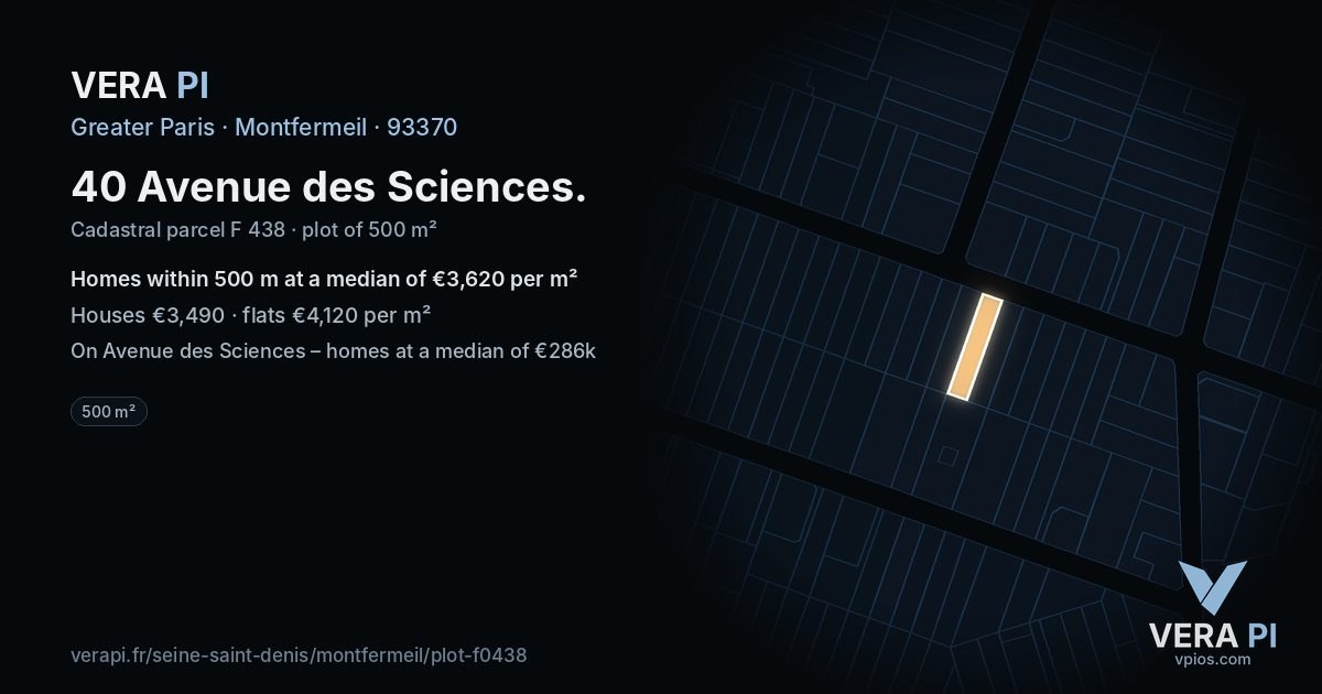 40 Avenue des Sciences, Montfermeil at night – the plot lit, the parcels around coloured by the prices near them