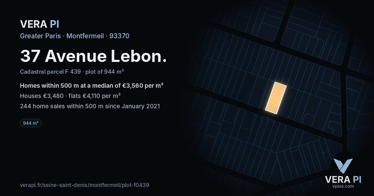 37 Avenue Lebon, Montfermeil at night – the plot lit, the parcels around coloured by the prices near them