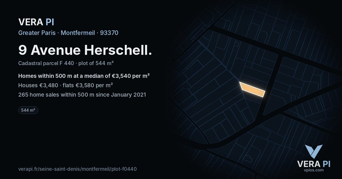 9 Avenue Herschell, Montfermeil at night – the plot lit, the parcels around coloured by the prices near them