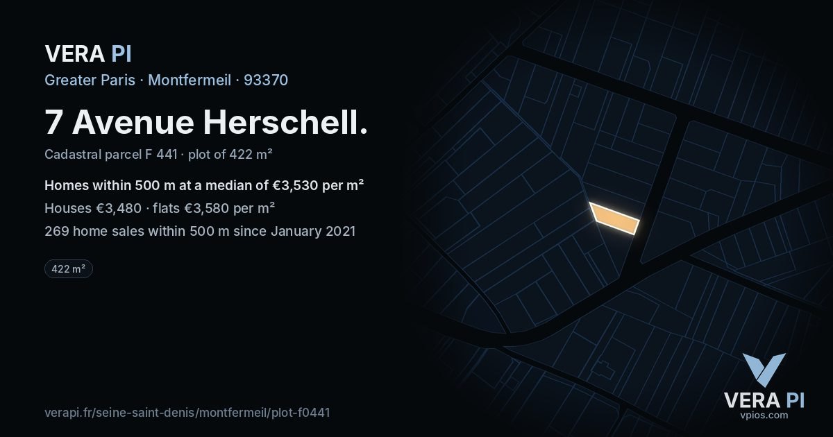 7 Avenue Herschell, Montfermeil at night – the plot lit, the parcels around coloured by the prices near them
