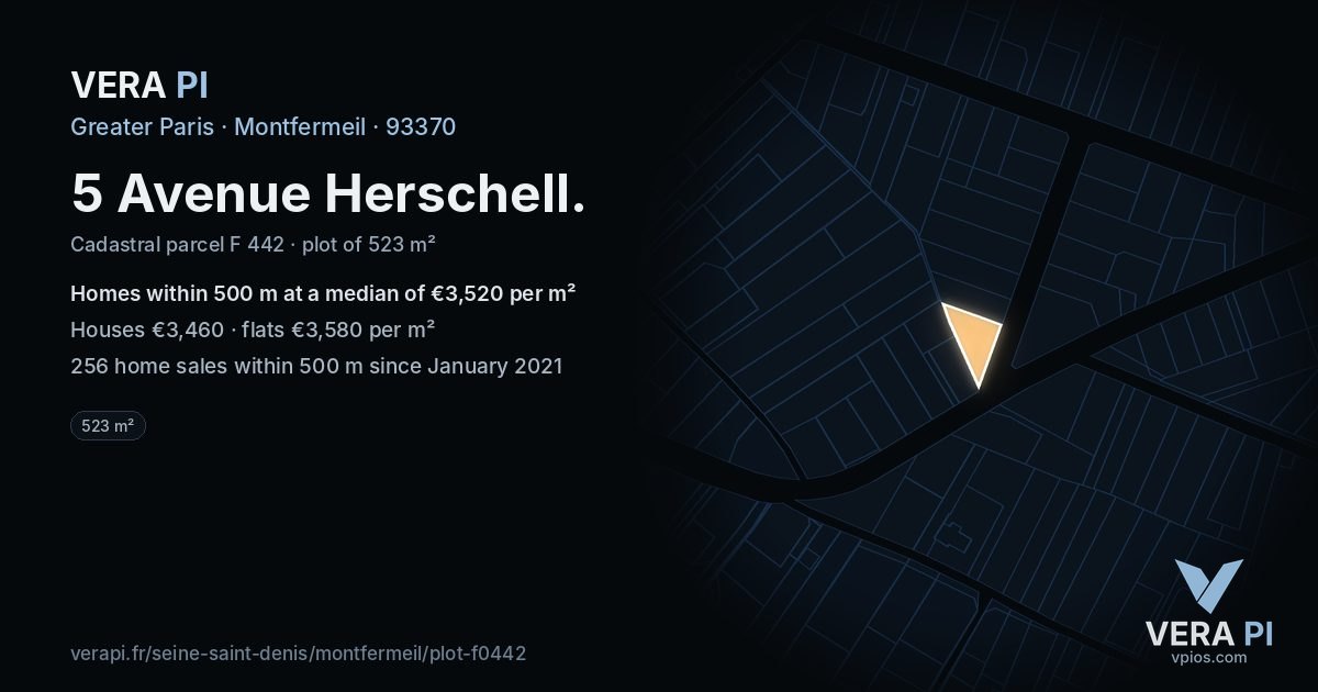 5 Avenue Herschell, Montfermeil at night – the plot lit, the parcels around coloured by the prices near them