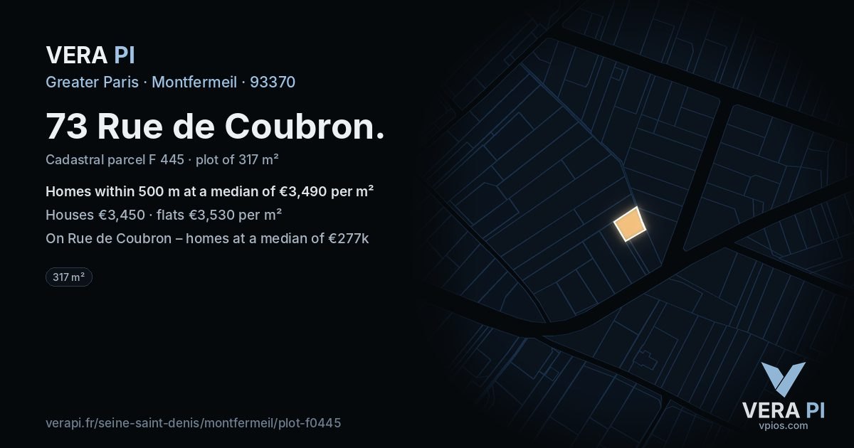 73 Rue de Coubron, Montfermeil at night – the plot lit, the parcels around coloured by the prices near them