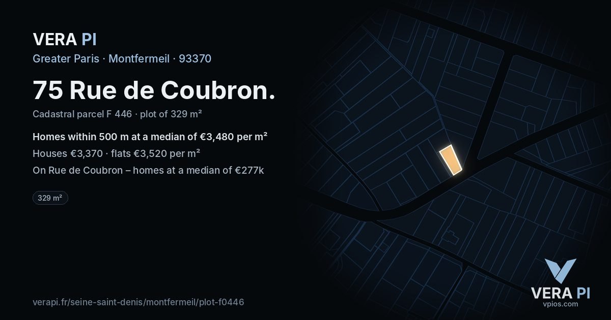 75 Rue de Coubron, Montfermeil at night – the plot lit, the parcels around coloured by the prices near them