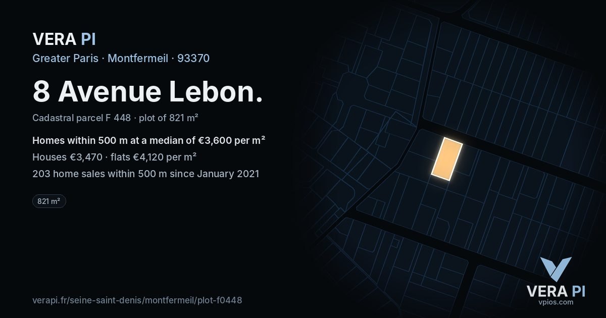 8 Avenue Lebon, Montfermeil at night – the plot lit, the parcels around coloured by the prices near them