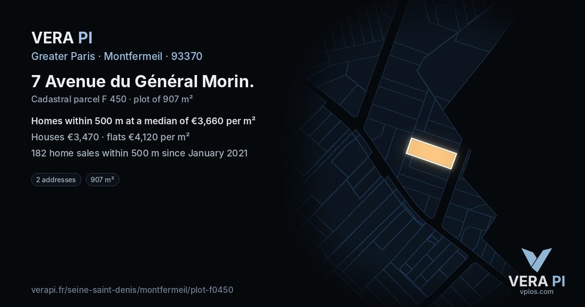 7 Avenue du Général Morin, Montfermeil at night – the plot lit, the parcels around coloured by the prices near them