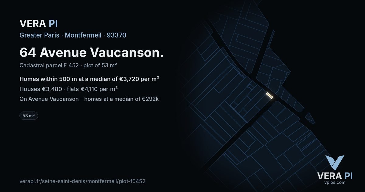 64 Avenue Vaucanson, Montfermeil at night – the plot lit, the parcels around coloured by the prices near them