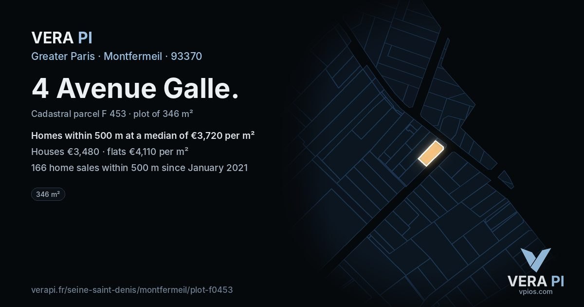 4 Avenue Galle, Montfermeil at night – the plot lit, the parcels around coloured by the prices near them