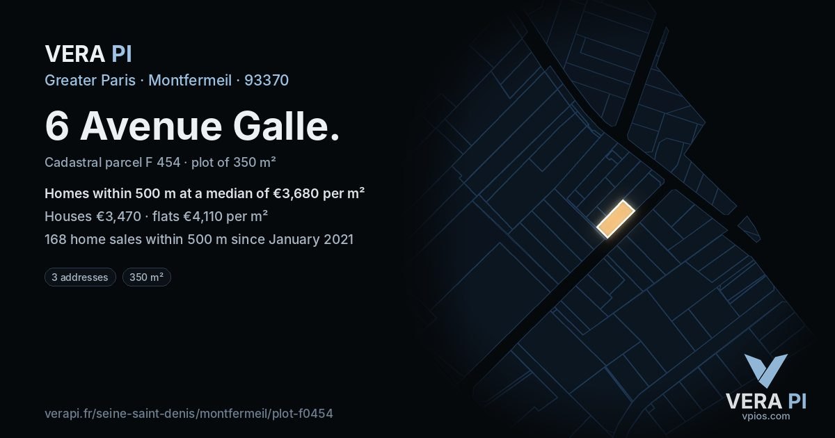 6 Avenue Galle, Montfermeil at night – the plot lit, the parcels around coloured by the prices near them