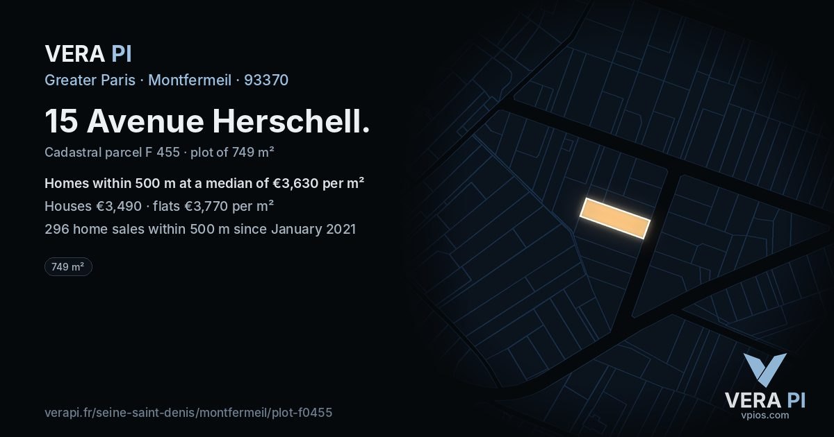 15 Avenue Herschell, Montfermeil at night – the plot lit, the parcels around coloured by the prices near them