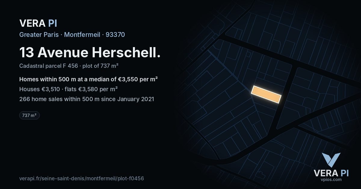 13 Avenue Herschell, Montfermeil at night – the plot lit, the parcels around coloured by the prices near them