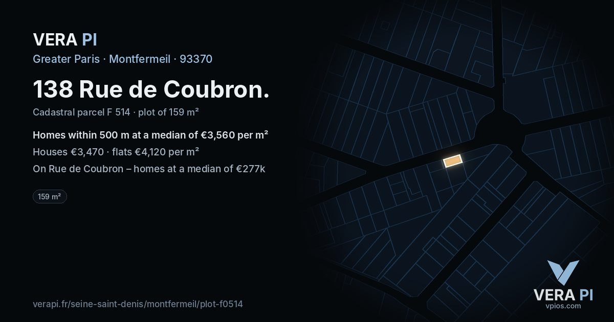 138 Rue de Coubron, Montfermeil at night – the plot lit, the parcels around coloured by the prices near them