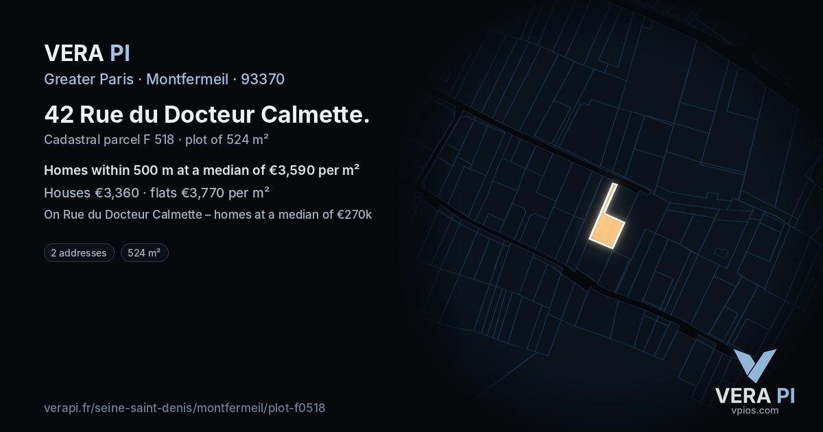 42 Rue du Docteur Calmette, Montfermeil at night – the plot lit, the parcels around coloured by the prices near them