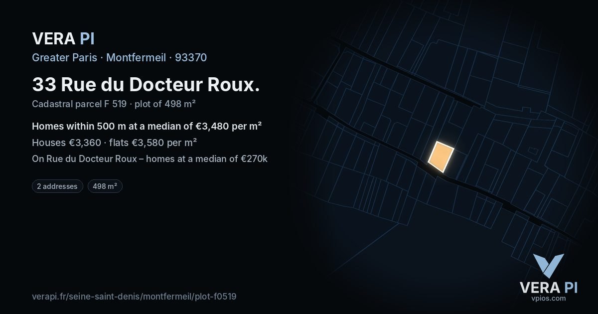 33 Rue du Docteur Roux, Montfermeil at night – the plot lit, the parcels around coloured by the prices near them