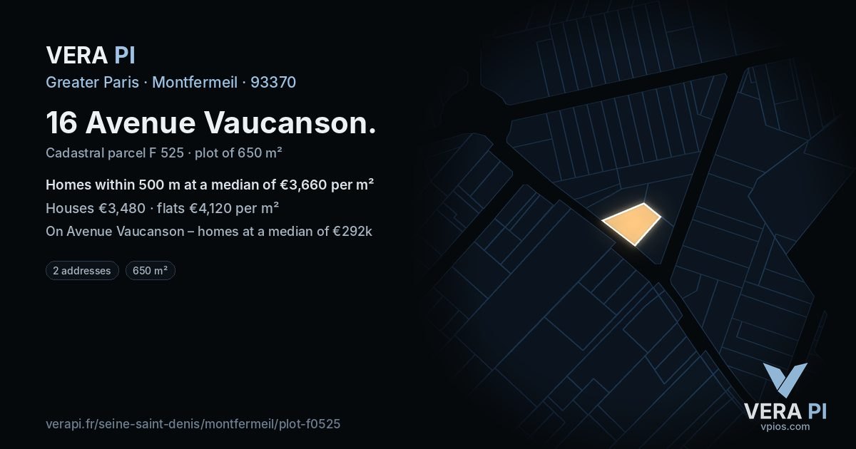 16 Avenue Vaucanson, Montfermeil at night – the plot lit, the parcels around coloured by the prices near them