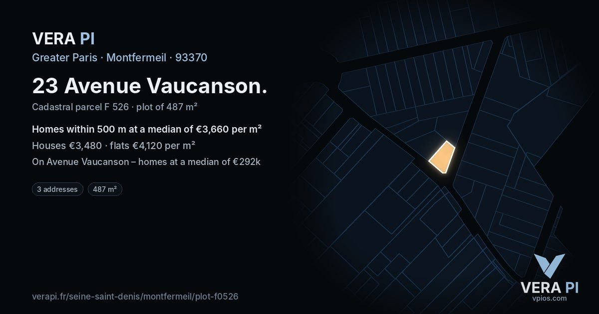 23 Avenue Vaucanson, Montfermeil at night – the plot lit, the parcels around coloured by the prices near them