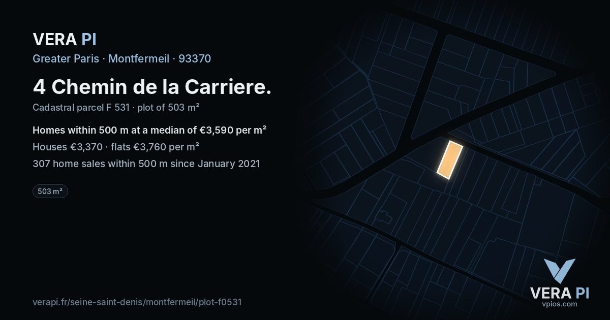 4 Chemin de la Carriere, Montfermeil at night – the plot lit, the parcels around coloured by the prices near them