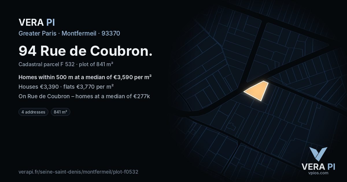 94 Rue de Coubron, Montfermeil at night – the plot lit, the parcels around coloured by the prices near them