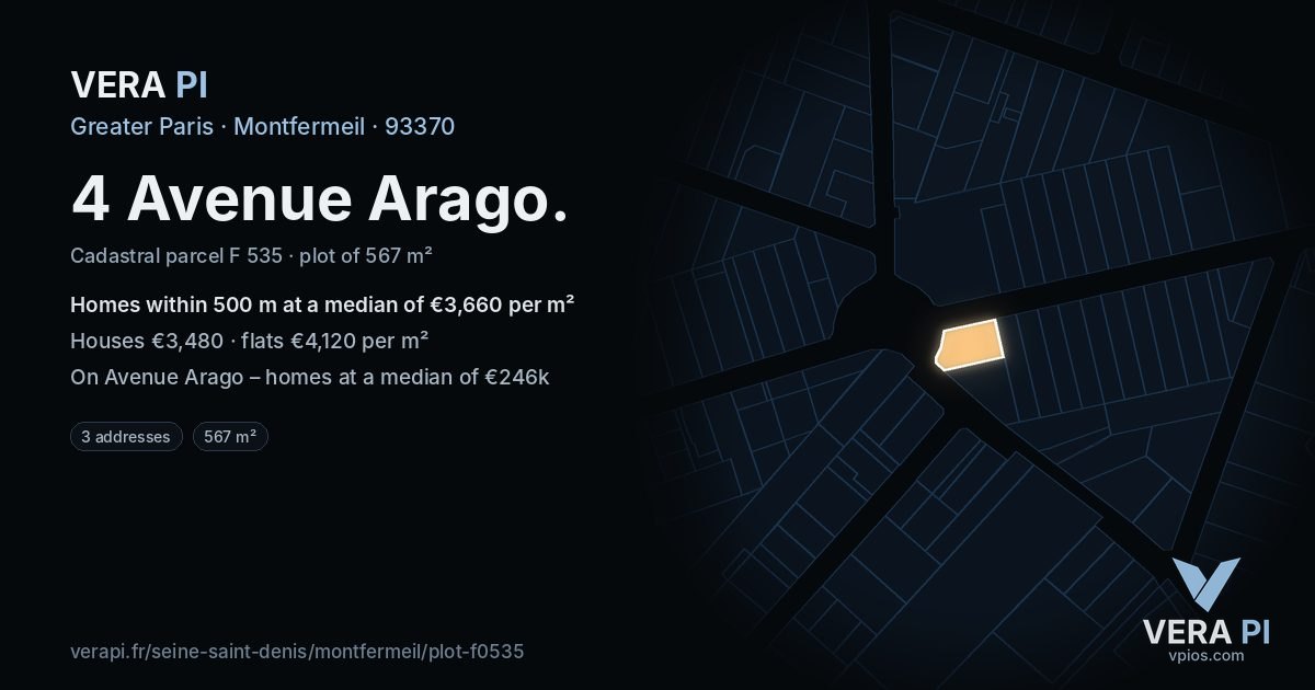 4 Avenue Arago, Montfermeil at night – the plot lit, the parcels around coloured by the prices near them