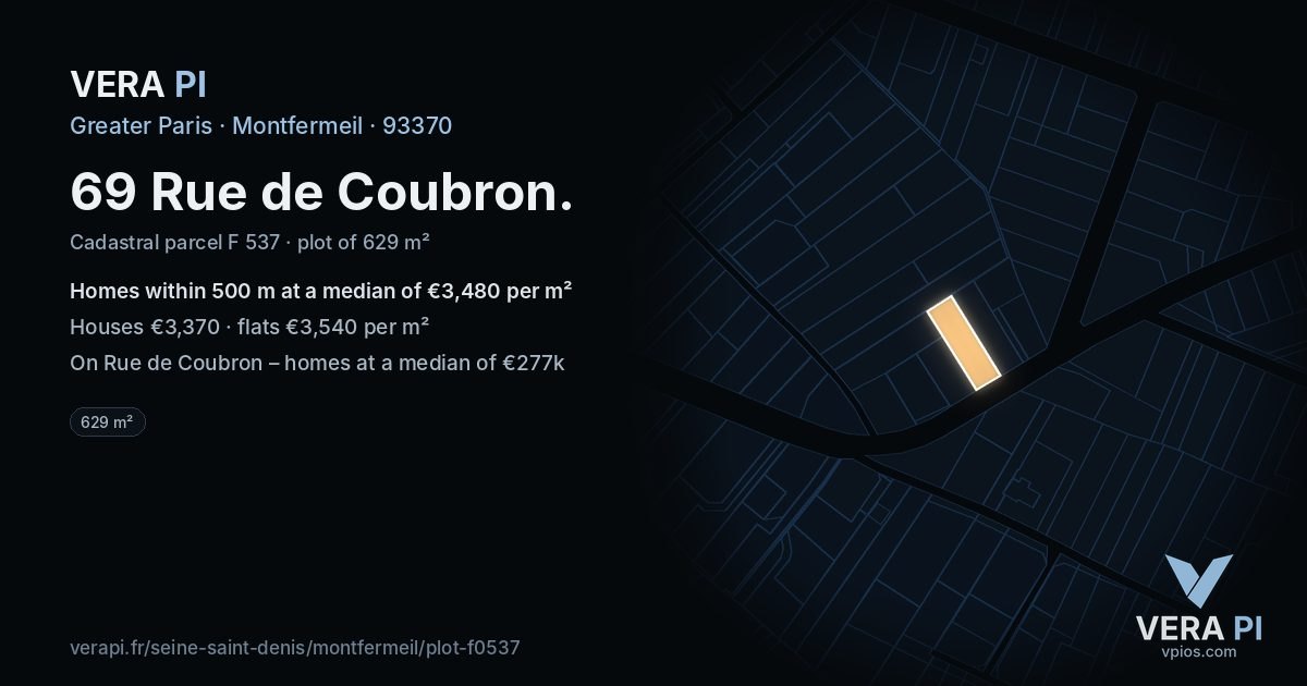 69 Rue de Coubron, Montfermeil at night – the plot lit, the parcels around coloured by the prices near them