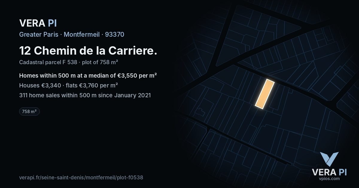 12 Chemin de la Carriere, Montfermeil at night – the plot lit, the parcels around coloured by the prices near them