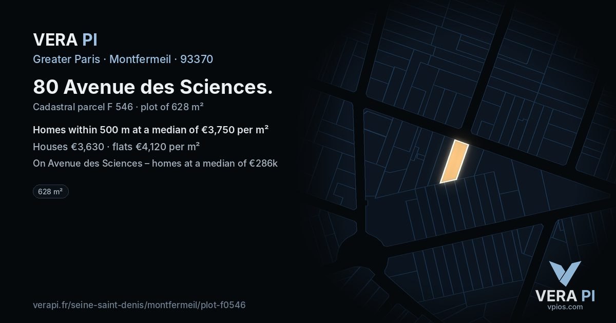 80 Avenue des Sciences, Montfermeil at night – the plot lit, the parcels around coloured by the prices near them