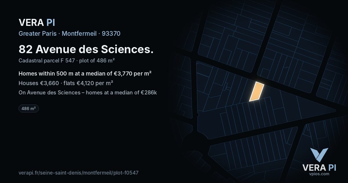 82 Avenue des Sciences, Montfermeil at night – the plot lit, the parcels around coloured by the prices near them