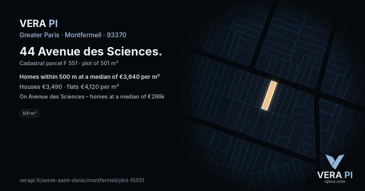44 Avenue des Sciences, Montfermeil at night – the plot lit, the parcels around coloured by the prices near them