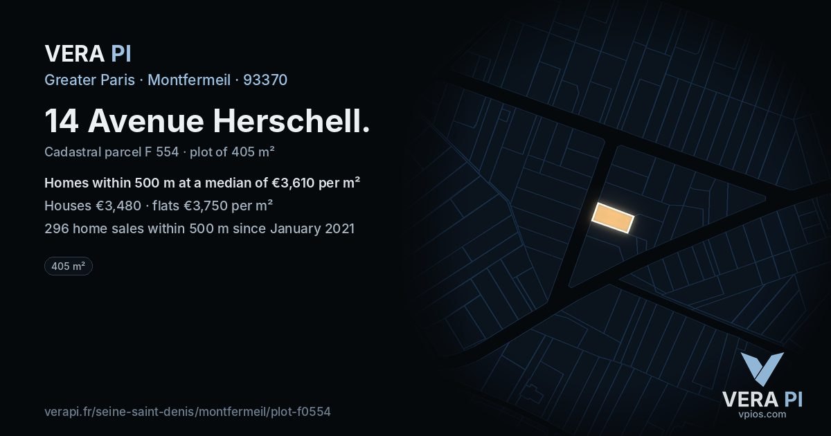 14 Avenue Herschell, Montfermeil at night – the plot lit, the parcels around coloured by the prices near them
